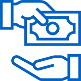 A blue line drawing of hands holding money.